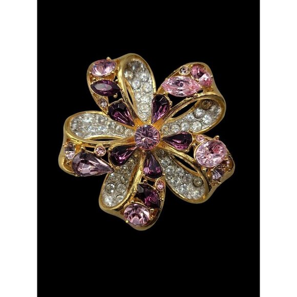 Nolan Miller Brooch Amethyst Purple & Clear Crystals Double Layer Gold Tone - Picture 5 of 15